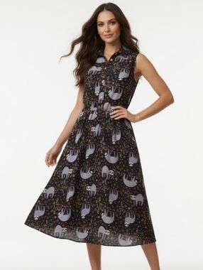 Paper Plane Sleeveless Black Midi Shirt Dress w/ Playful Sloth Print (SIZE M/L)